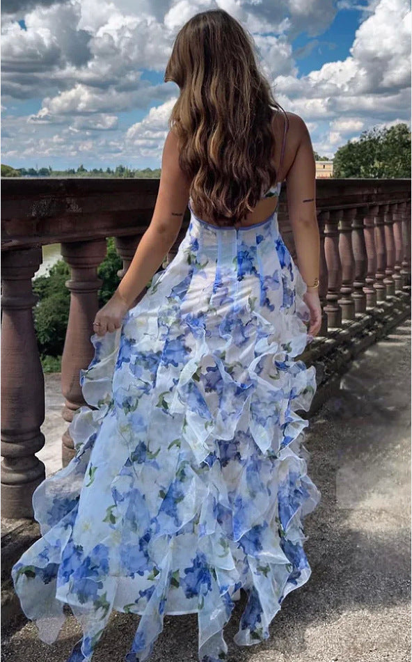 Fleur – Delftsblauwe Print Maxi Jurk Met Ruffles En V-hals