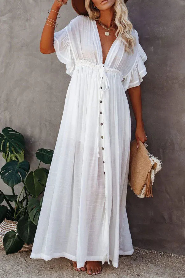 Margarita Ivory – maxi zomer jurk met delicate ruches en een subtiele glans