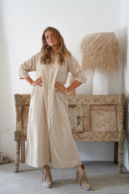 Luna – Oversized Linnen Maxi Overhemd Jurk Met Lange Mouwen