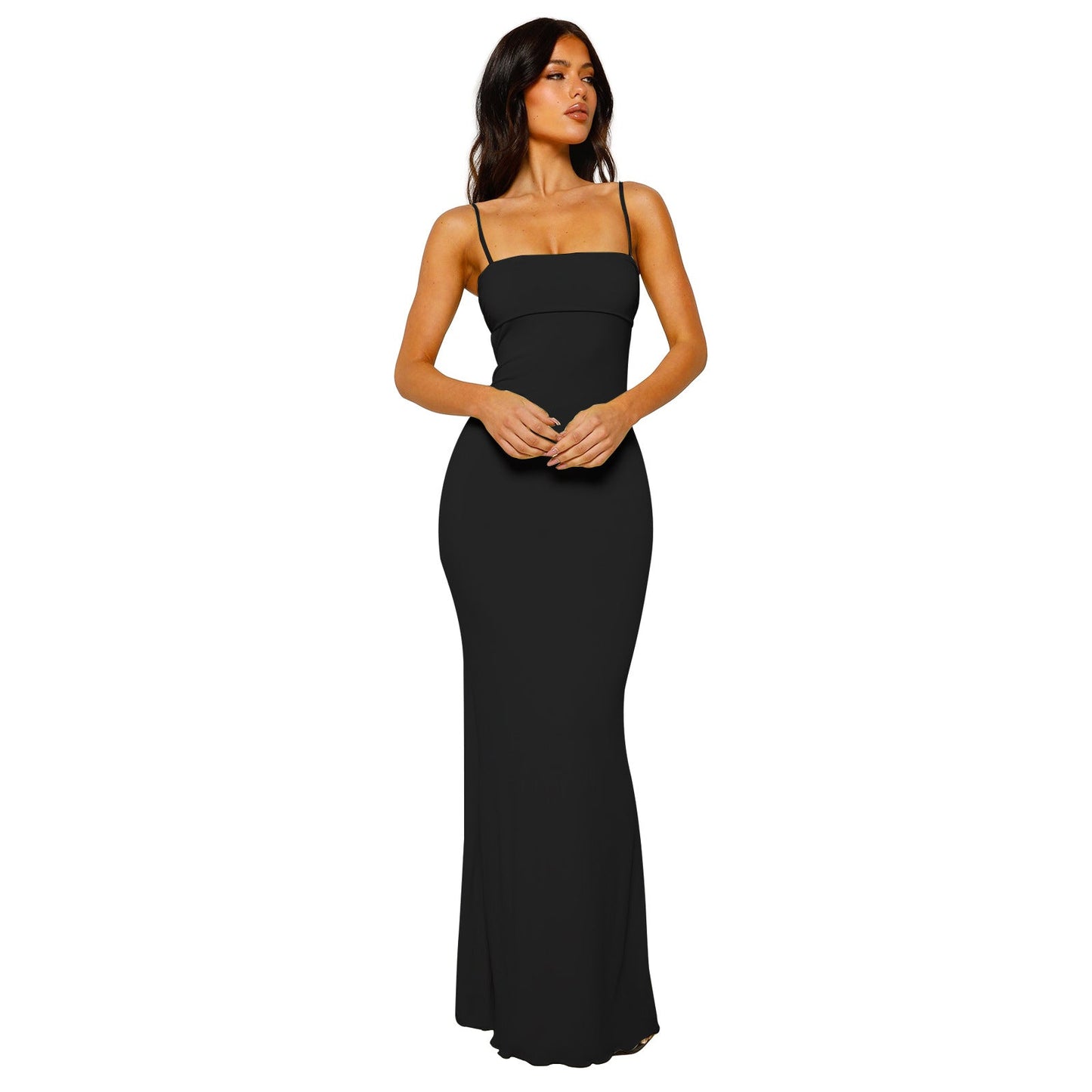 Sofia – Zwarte bodycon maxi-jurk van zijde met open rug en elegante halslijn