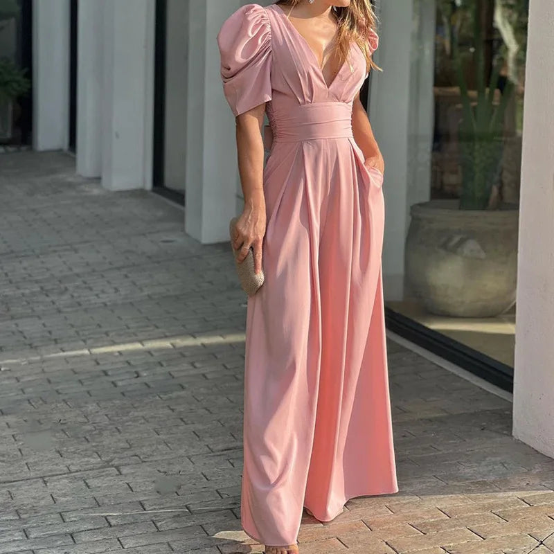 Noa – V-hals Jumpsuit met pofmouwen en wijde pijpen