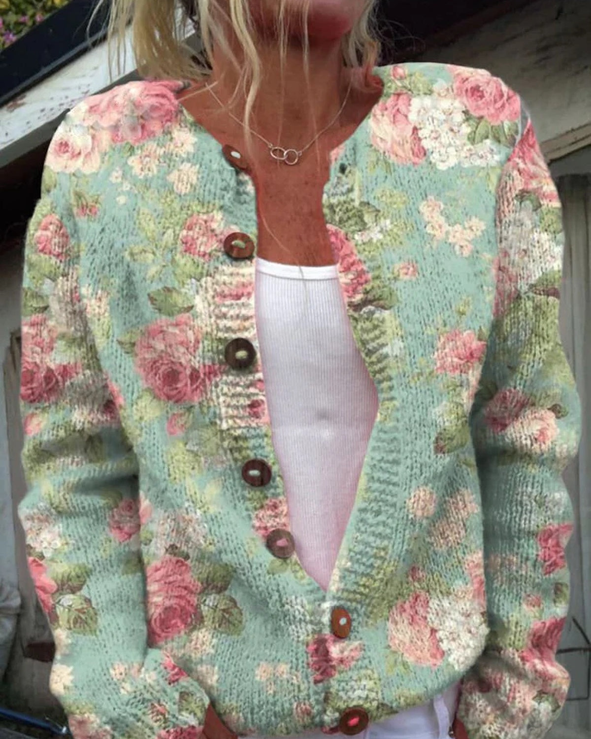 Flora – Gebreide Cardigan Vest Met Bloemenpatroon En Knopen