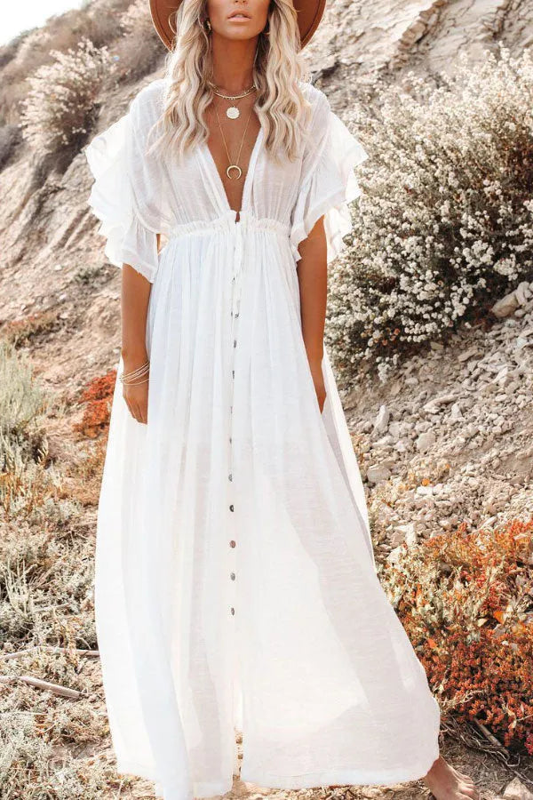 Margarita Ivory – maxi zomer jurk met delicate ruches en een subtiele glans