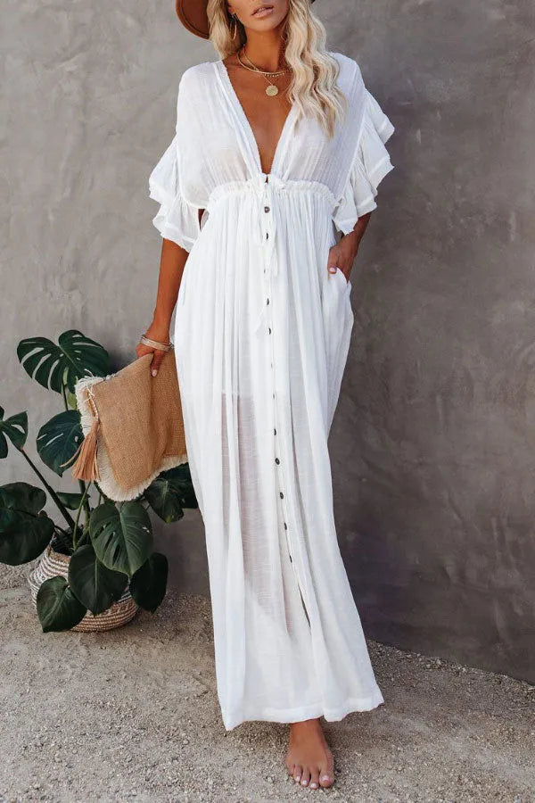 Margarita Ivory – maxi zomer jurk met delicate ruches en een subtiele glans