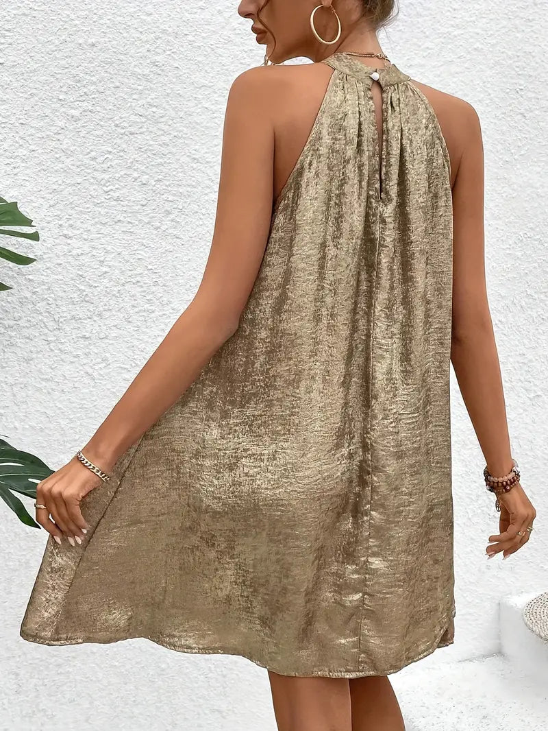 Elena – Gouden Mouwloze Halternek Midi Zomerjurk