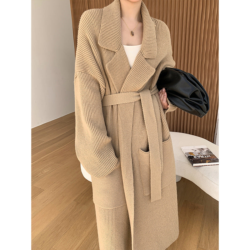 Lana – lange gebreide cardigan vest met ceintuur en reverskraag
