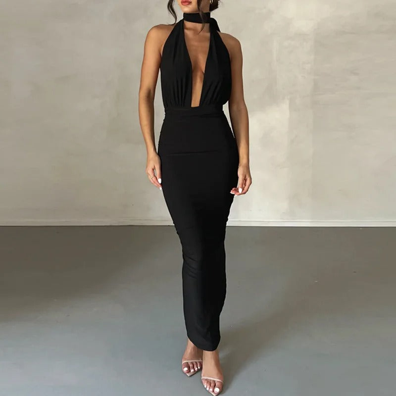 Clara – maxi jurk met diepe V-hals en elegante drapering