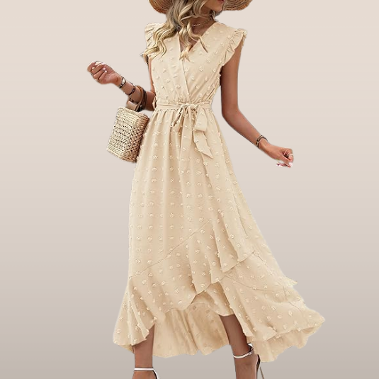Elena – V-hals Maxi zomer jurk met ruches en strikceintuur in de taille