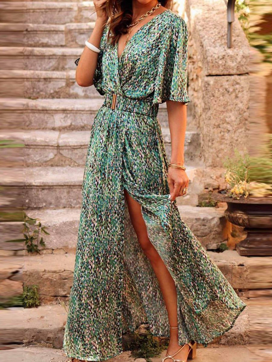 Katherine – Abstracte maxi wikkeljurk met hoge split en diepe V-hals