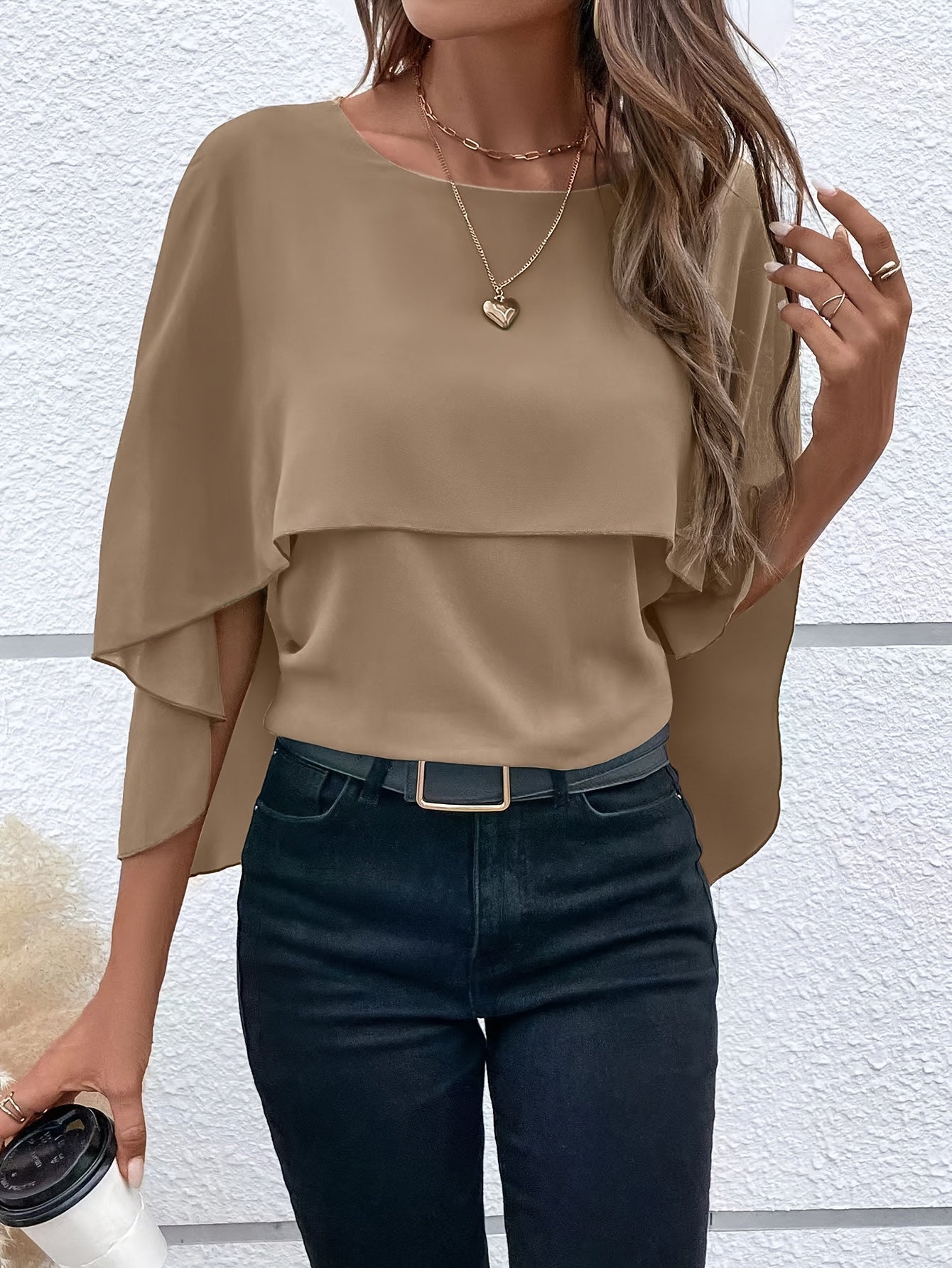 Luna – Gelaagde Crew Neck Blouse Met Cloak Mouwen