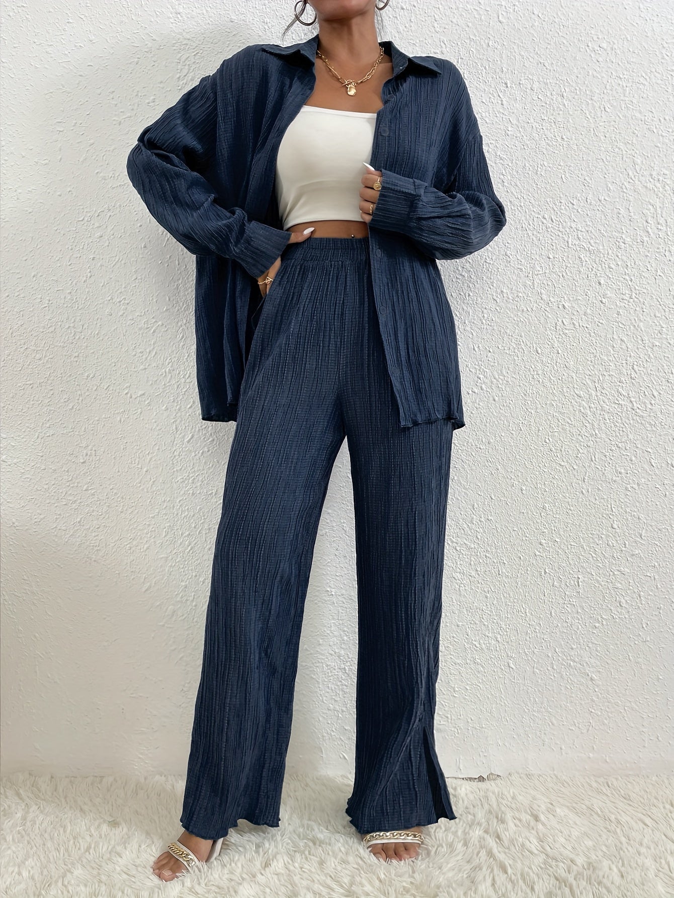 Isabella - Oversized Linnen Zomer Blouse Set Met Wijde Broek