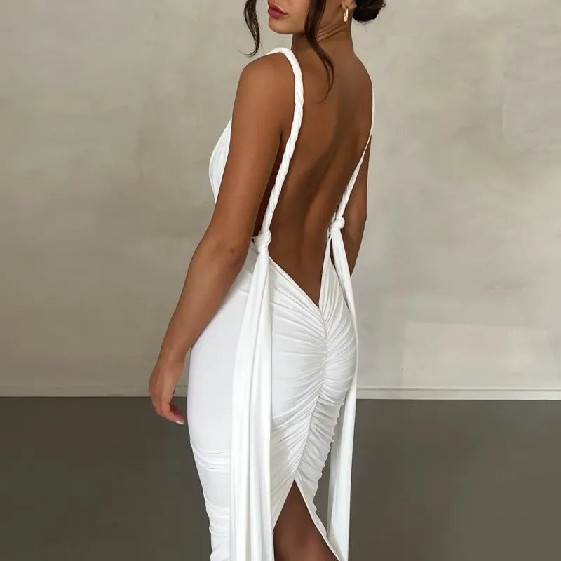 Clara – maxi jurk met diepe V-hals en elegante drapering