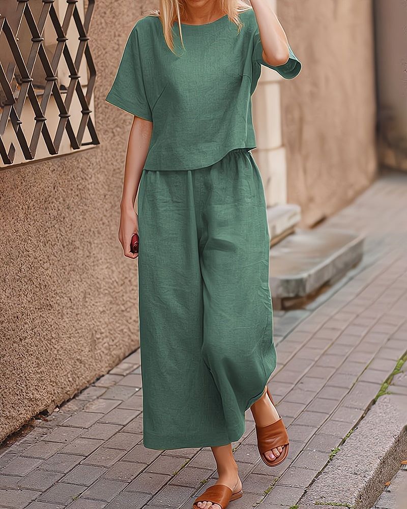 Andrea – Katoenen Loungeset met korte mouwen lange broek en losse pasvorm