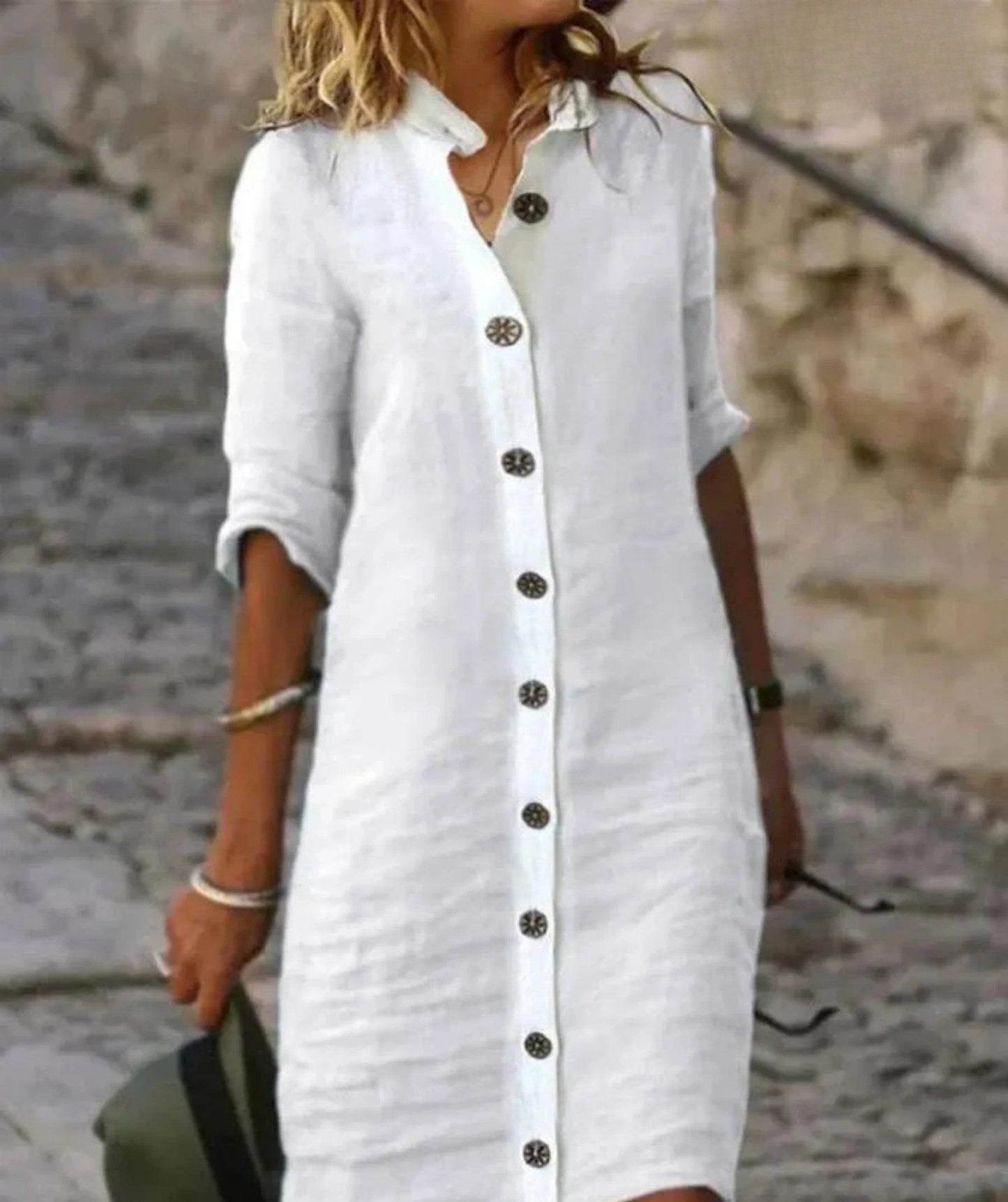 Lena – Witte button-down jurk van katoen-linnen blend met tailleceintuur