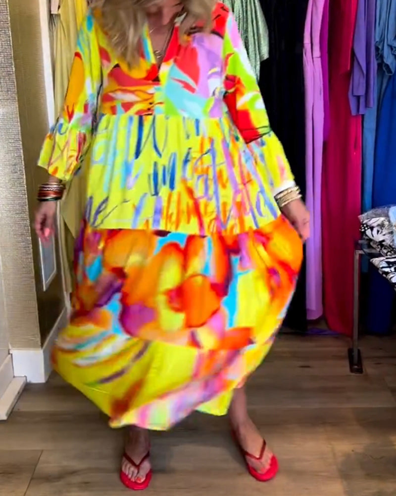 Lotte – Gele jurk met uitlopende mouwen elastische taille en speelse print