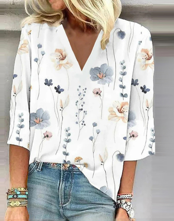 Noa – Linnen Witte Zomerblouse Met Bloemenprint En V-hals