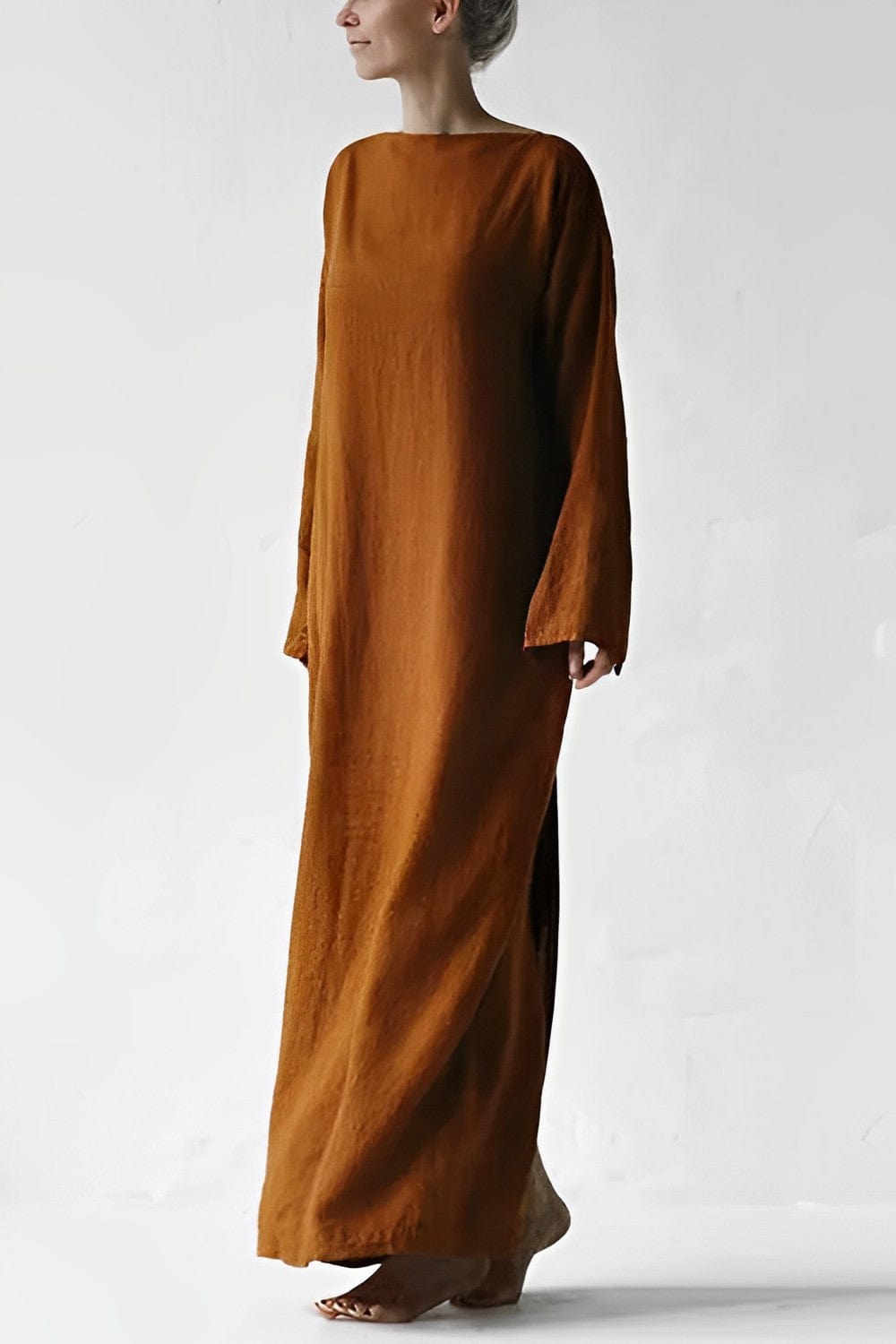 Elise – maxi jurk van katoen met strikdetail in de taille en lange mouwen