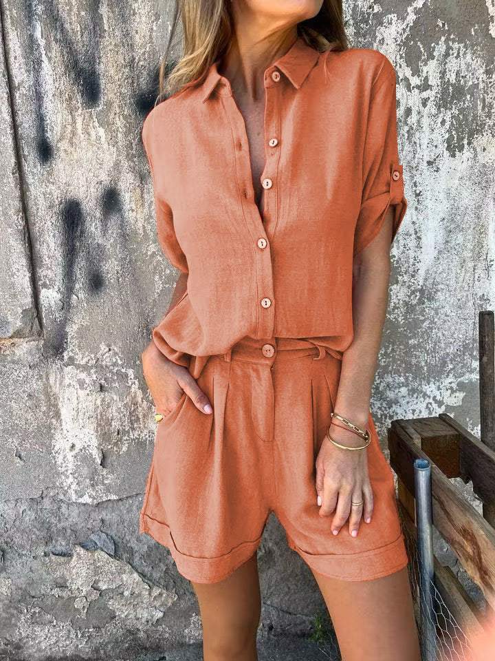 Giulia – Luchtige Linnen V-hals Blouse Set Met Bijpassende Shorts