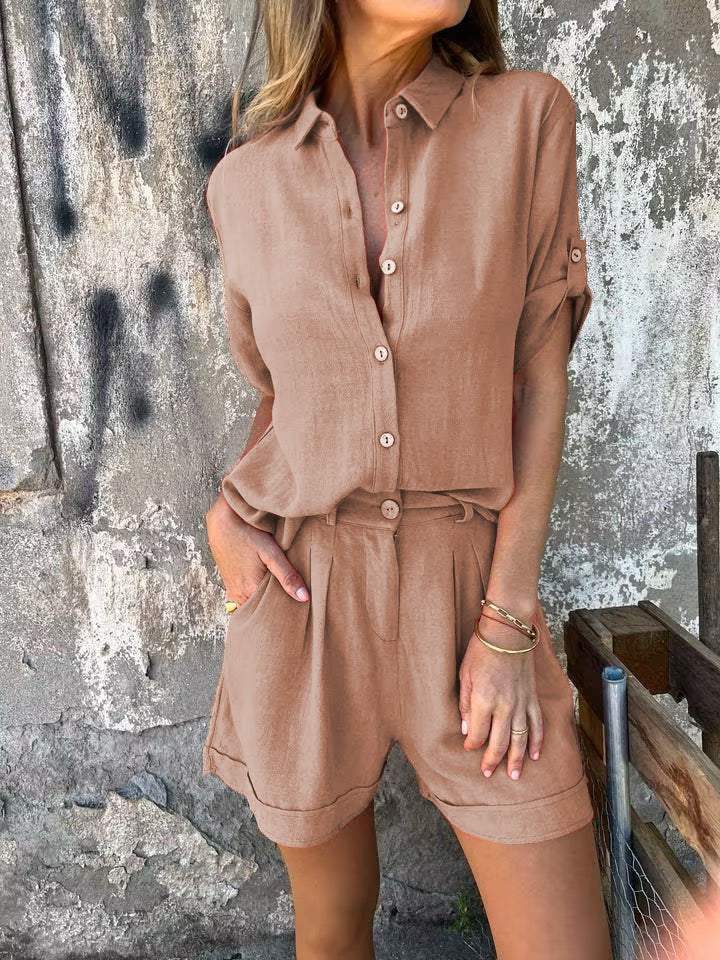 Giulia – Luchtige Linnen V-hals Blouse Set Met Bijpassende Shorts