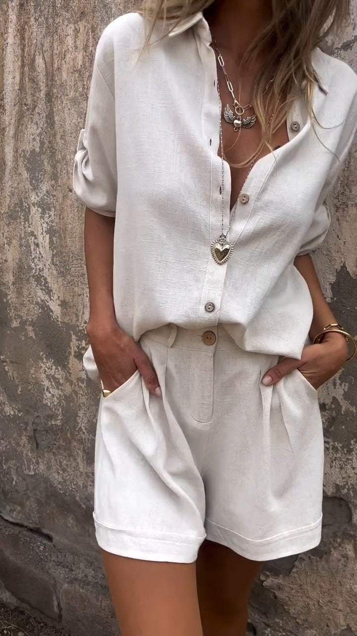 Giulia – Luchtige Linnen V-hals Blouse Set Met Bijpassende Shorts