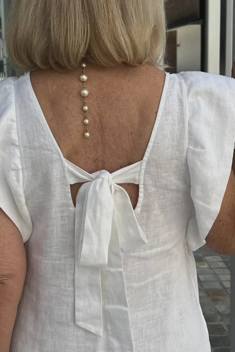 Hallie – mouwloze linnen midi-jurk met elegante V-hals en brede schouders