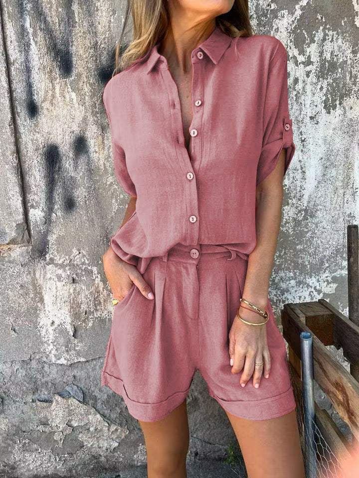 Giulia – Luchtige Linnen V-hals Blouse Set Met Bijpassende Shorts