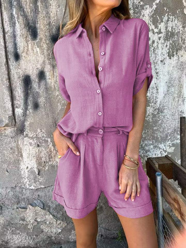 Giulia – Luchtige Linnen V-hals Blouse Set Met Bijpassende Shorts