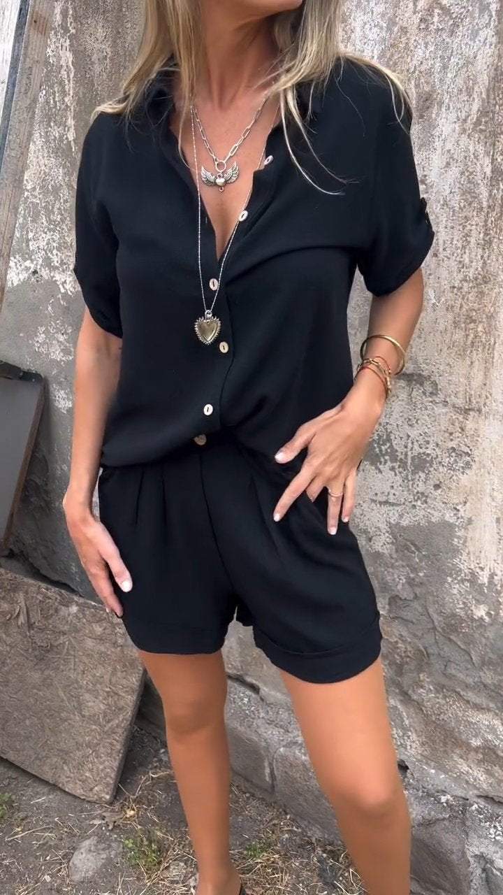 Giulia – Luchtige Linnen V-hals Blouse Set Met Bijpassende Shorts