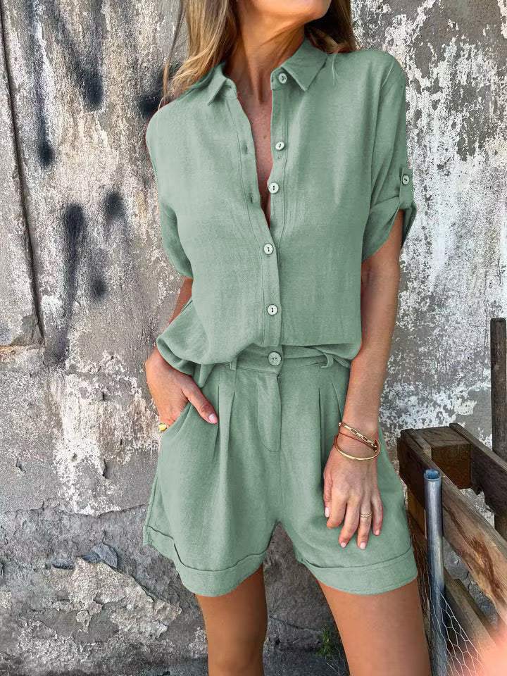Giulia – Luchtige Linnen V-hals Blouse Set Met Bijpassende Shorts