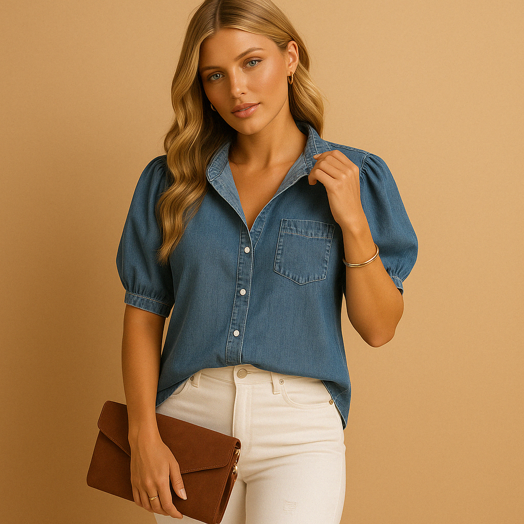 Jade – Denim blouse met korte puffmouwen en losse pasvorm