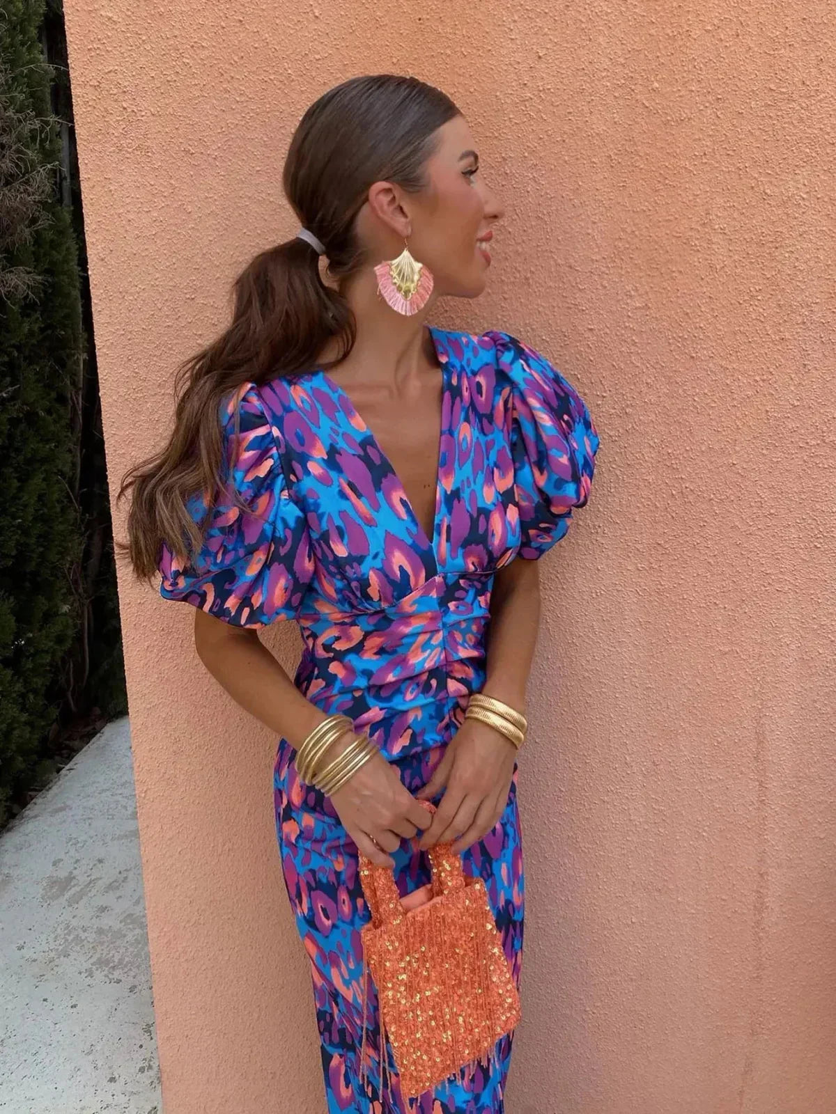 Dianna – Zomer midi-jurk met bloemenprint en pofmouwen