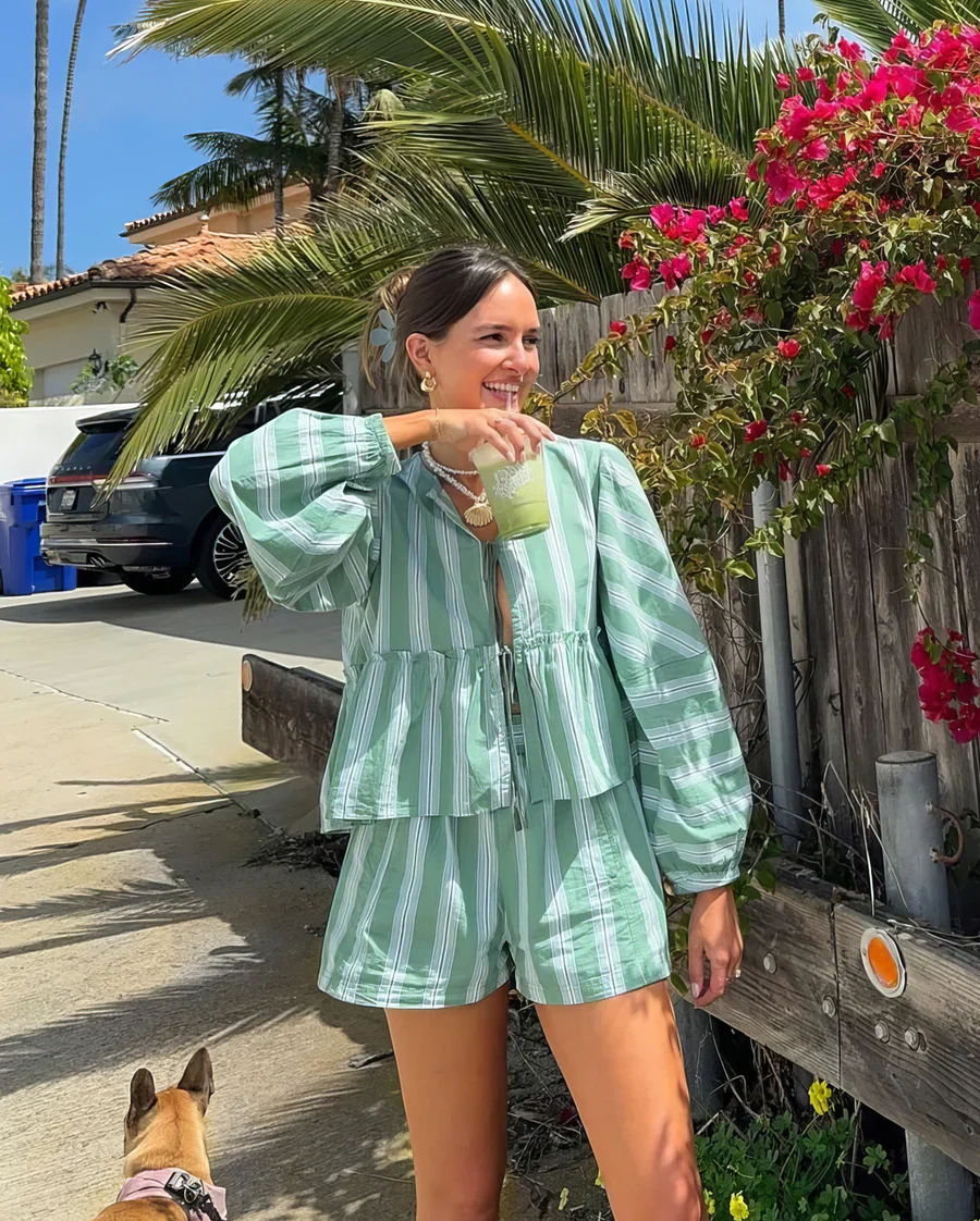 Lize Verde – gestreepte zomer set van katoen met blouse en short