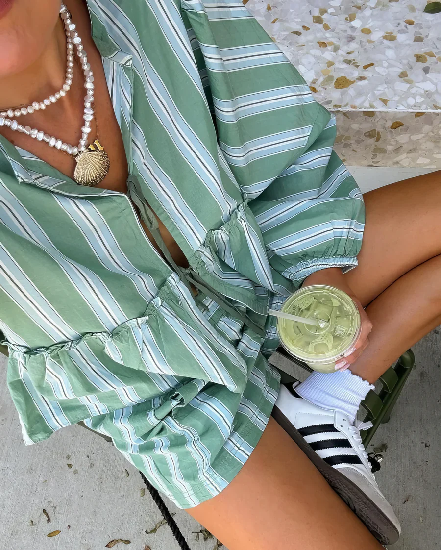 Lize Verde – gestreepte zomer set van katoen met blouse en short