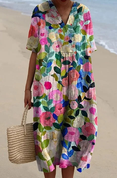 Elise – maxi-jurk met zwierige rok en V-hals