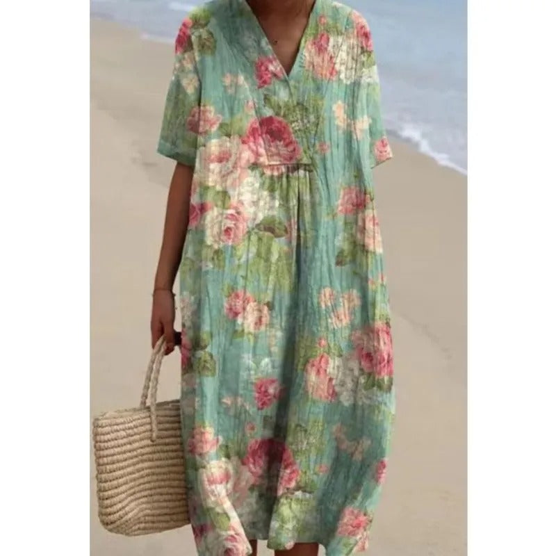 Elise – maxi-jurk met zwierige rok en V-hals