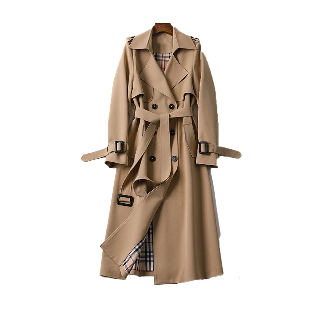 Mara – double-breasted trenchcoat in beige met ceintuur en lange snit
