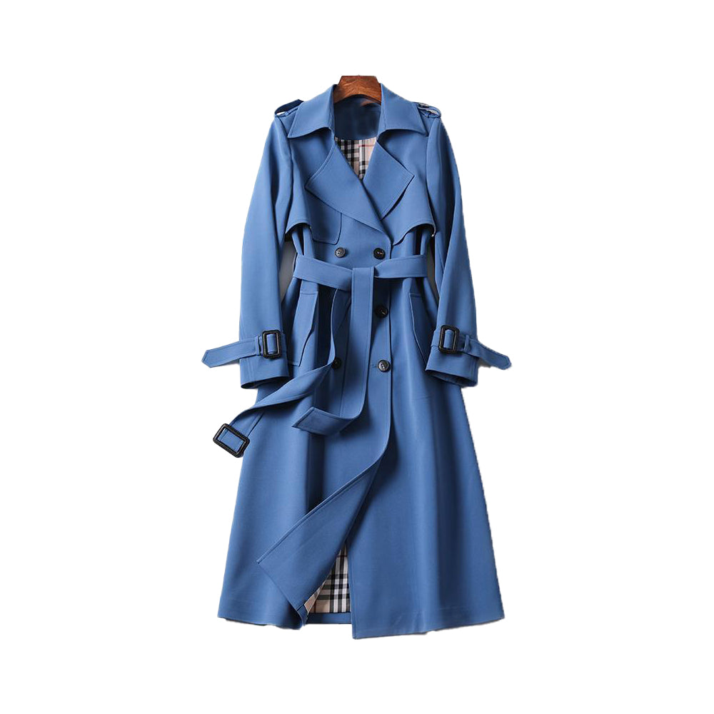 Mara – double-breasted trenchcoat in beige met ceintuur en lange snit