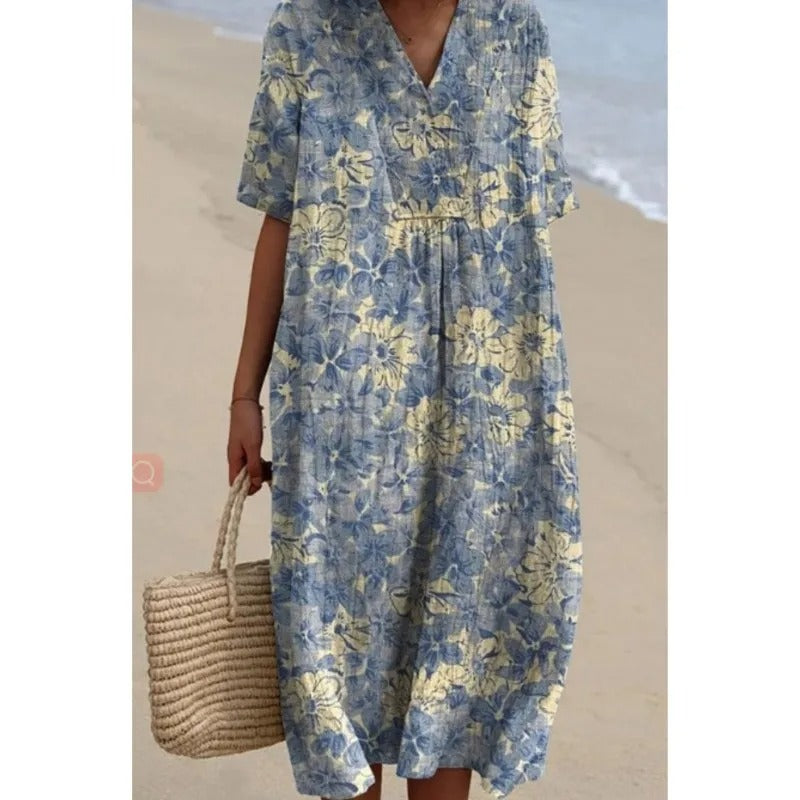 Elise – maxi-jurk met zwierige rok en V-hals