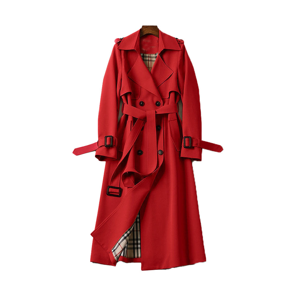 Mara – double-breasted trenchcoat in beige met ceintuur en lange snit