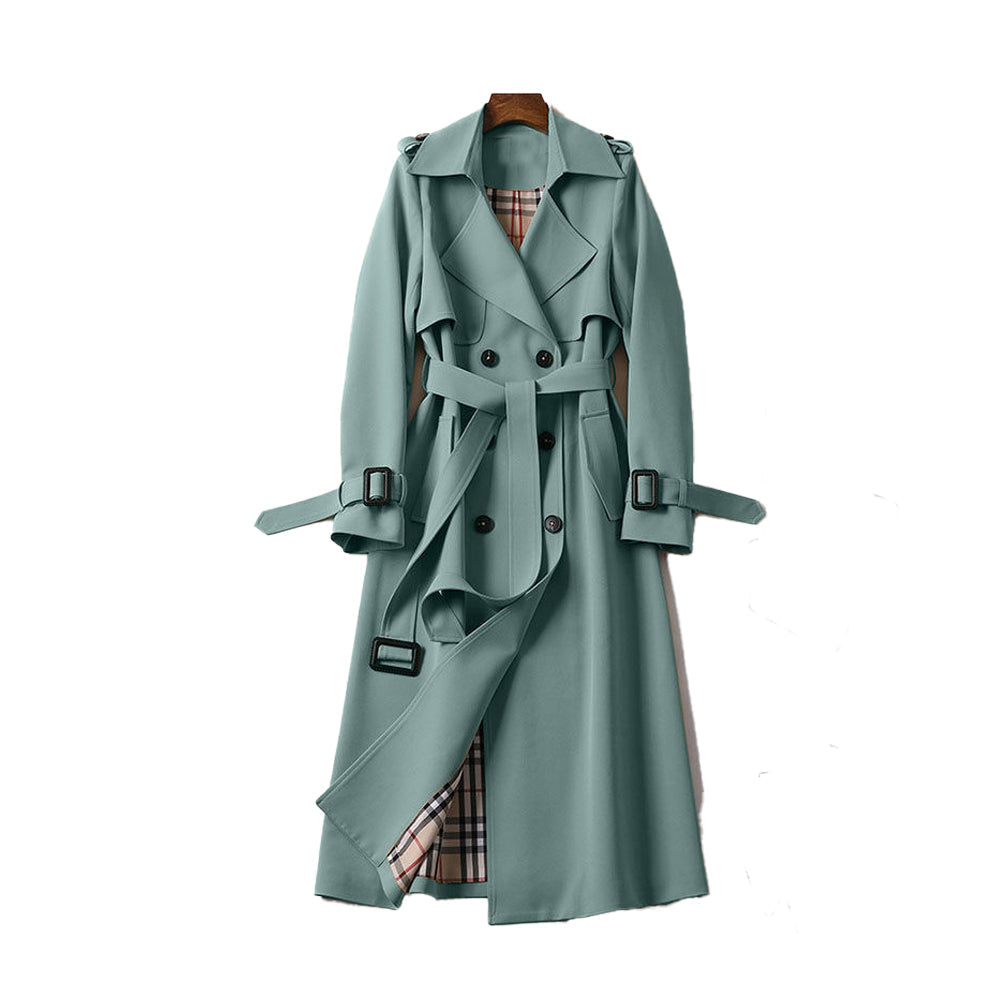 Mara – double-breasted trenchcoat in beige met ceintuur en lange snit