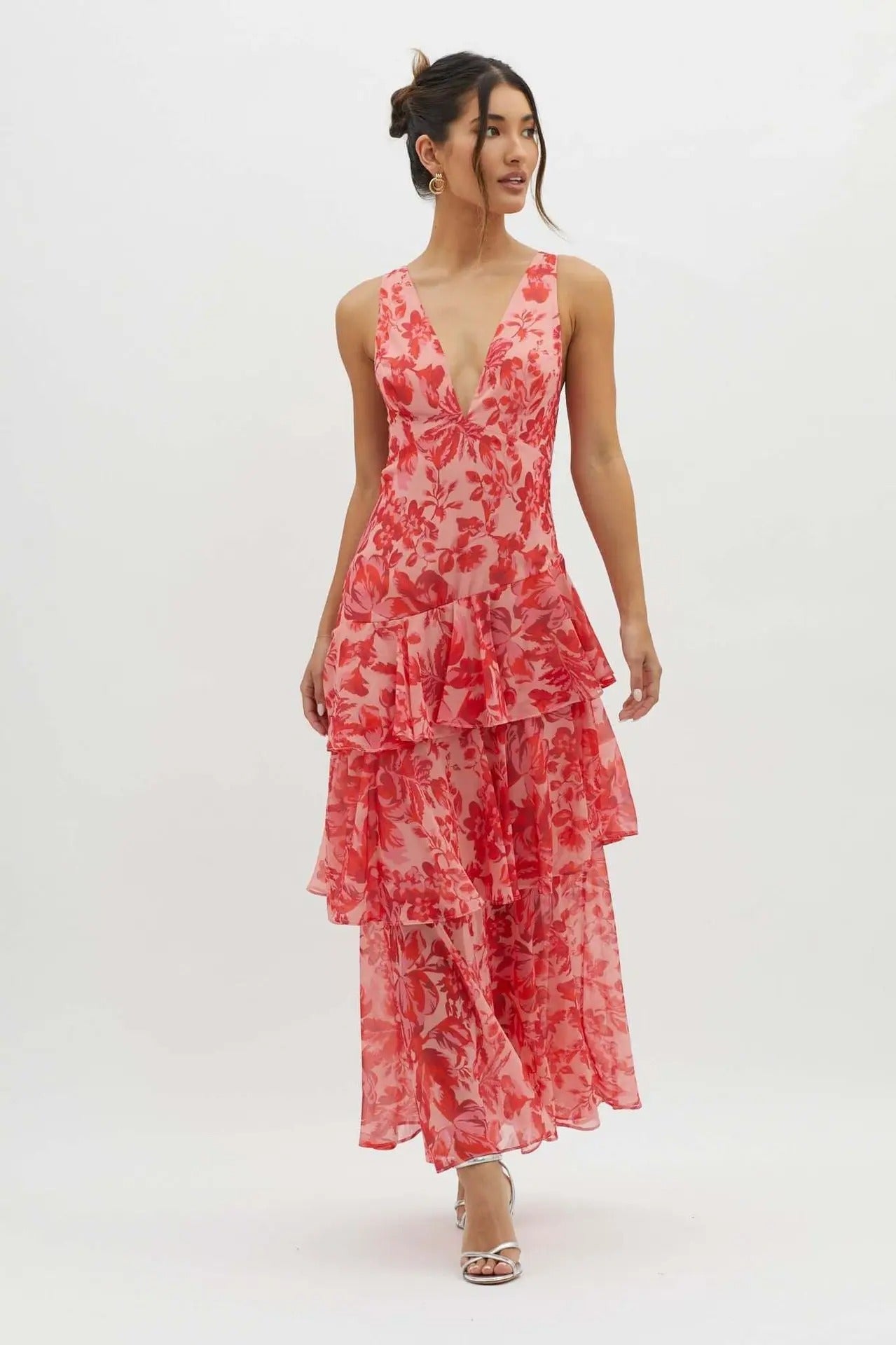 Eileen – maxi-jurk van chiffon met diepe V-hals en speelse lagen
