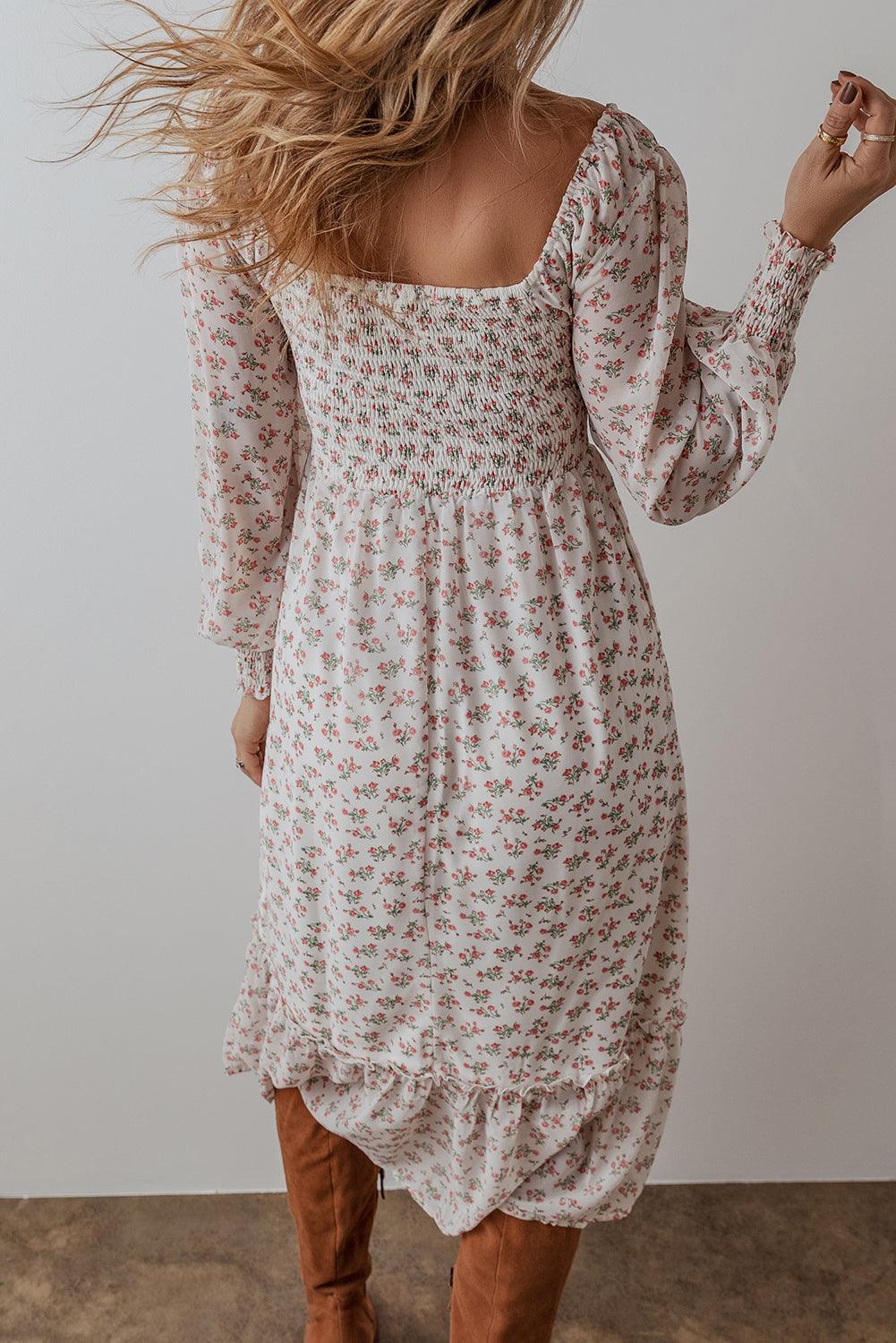 Liora – Casual-formele midi jurk met romantische ruches en flatterende pasvorm