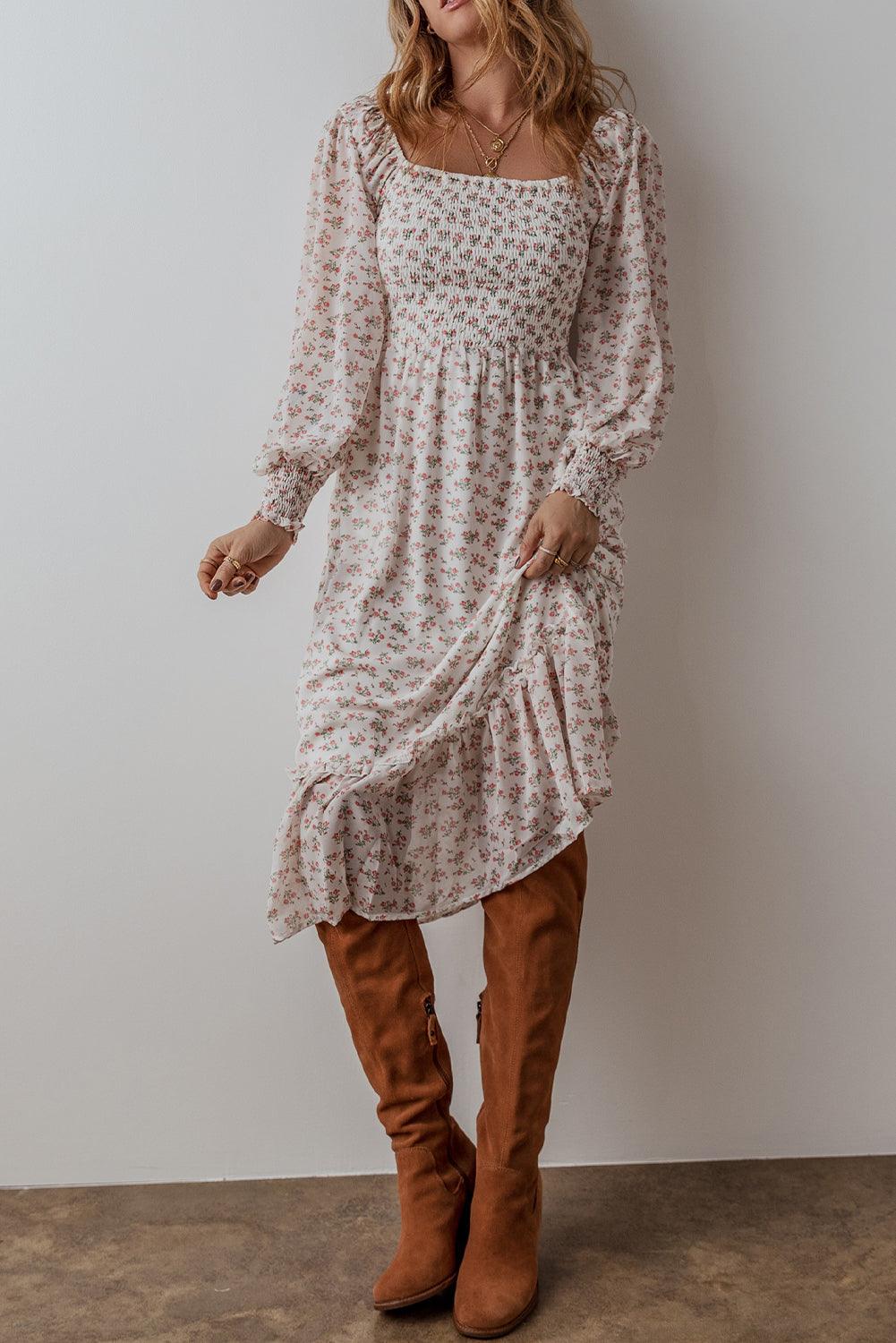 Liora – Casual-formele midi jurk met romantische ruches en flatterende pasvorm