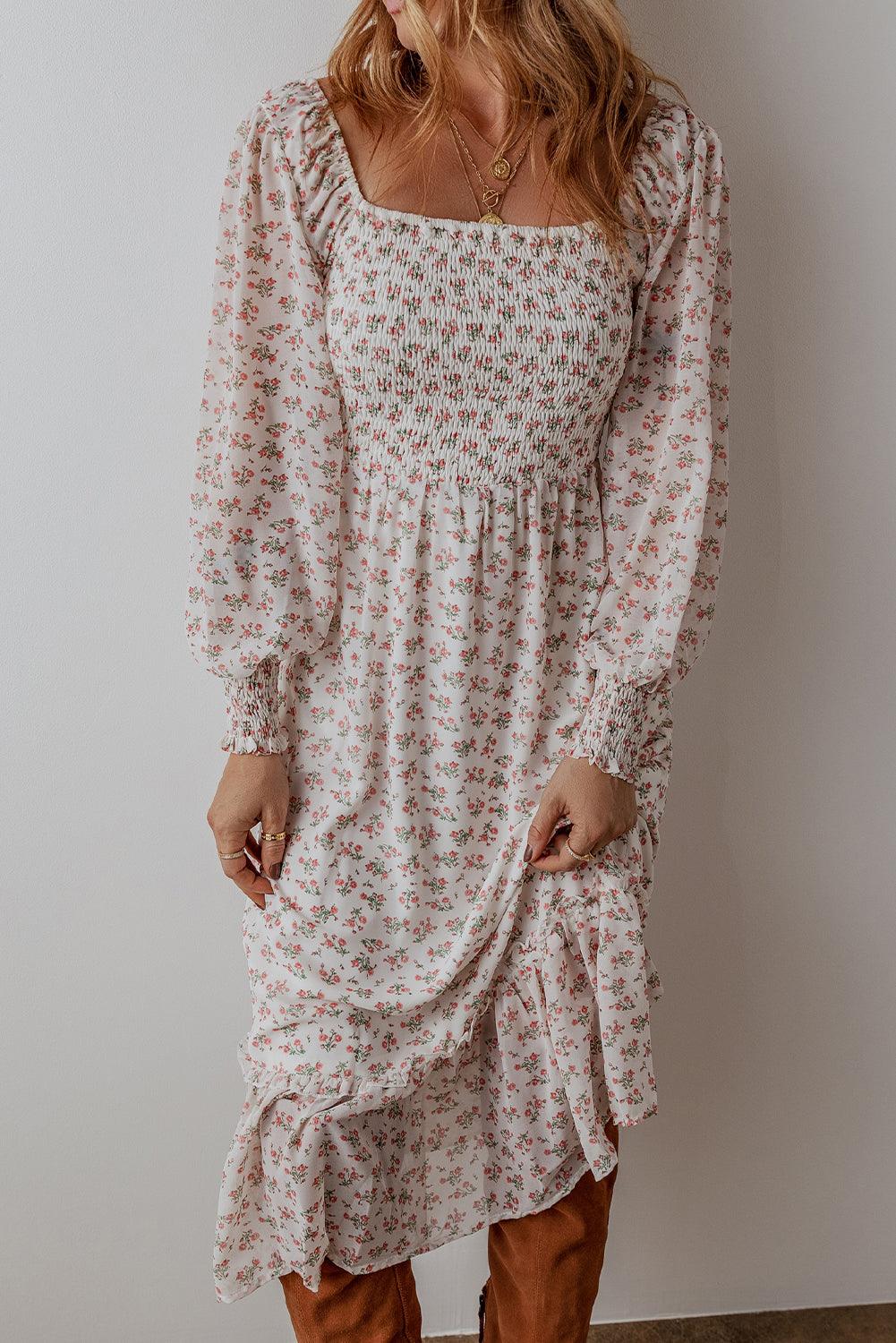 Liora – Casual-formele midi jurk met romantische ruches en flatterende pasvorm