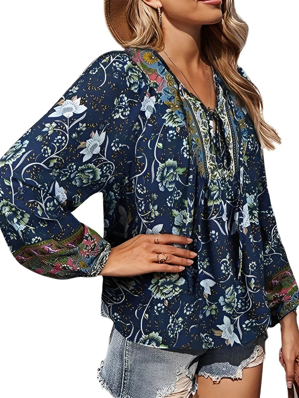 Sana – Boho v-hals blouse met bloemenprint en lange mouwen