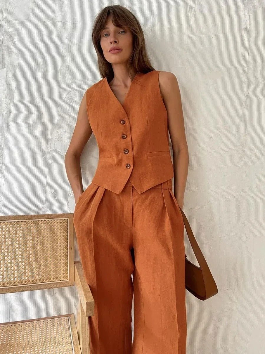 Yara - Mouwloze Linnen Gillet Set Met Wijde Broek