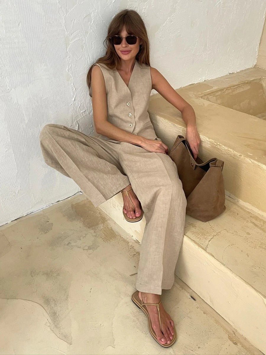 Yara - Mouwloze Linnen Gillet Set Met Wijde Broek