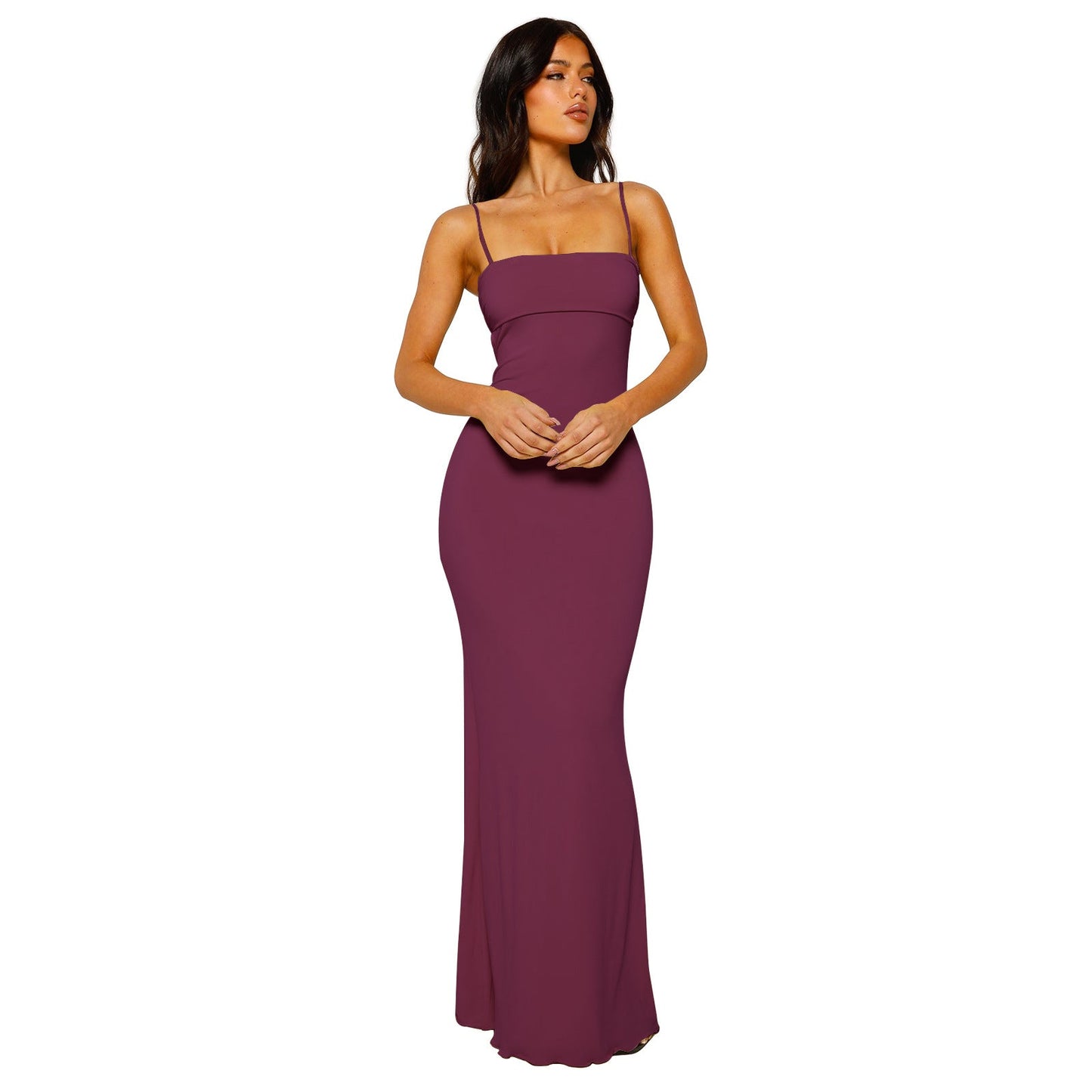 Sofia – Zwarte bodycon maxi-jurk van zijde met open rug en elegante halslijn