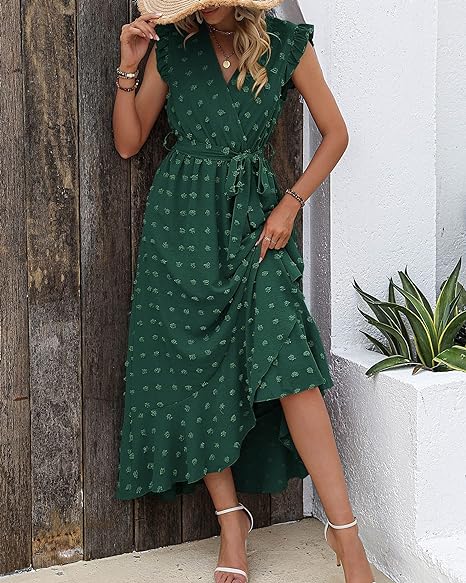 Elena – V-hals Maxi zomer jurk met ruches en strikceintuur in de taille