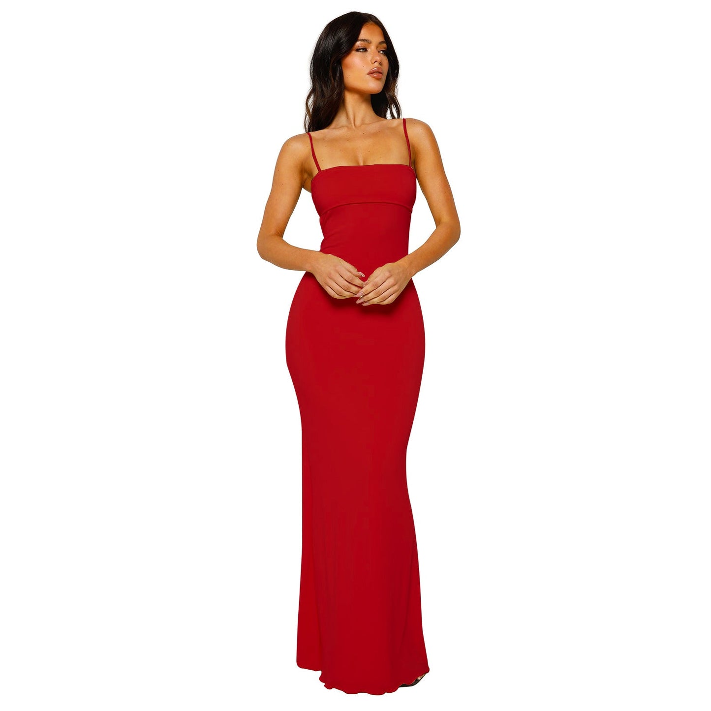 Sofia – Zwarte bodycon maxi-jurk van zijde met open rug en elegante halslijn